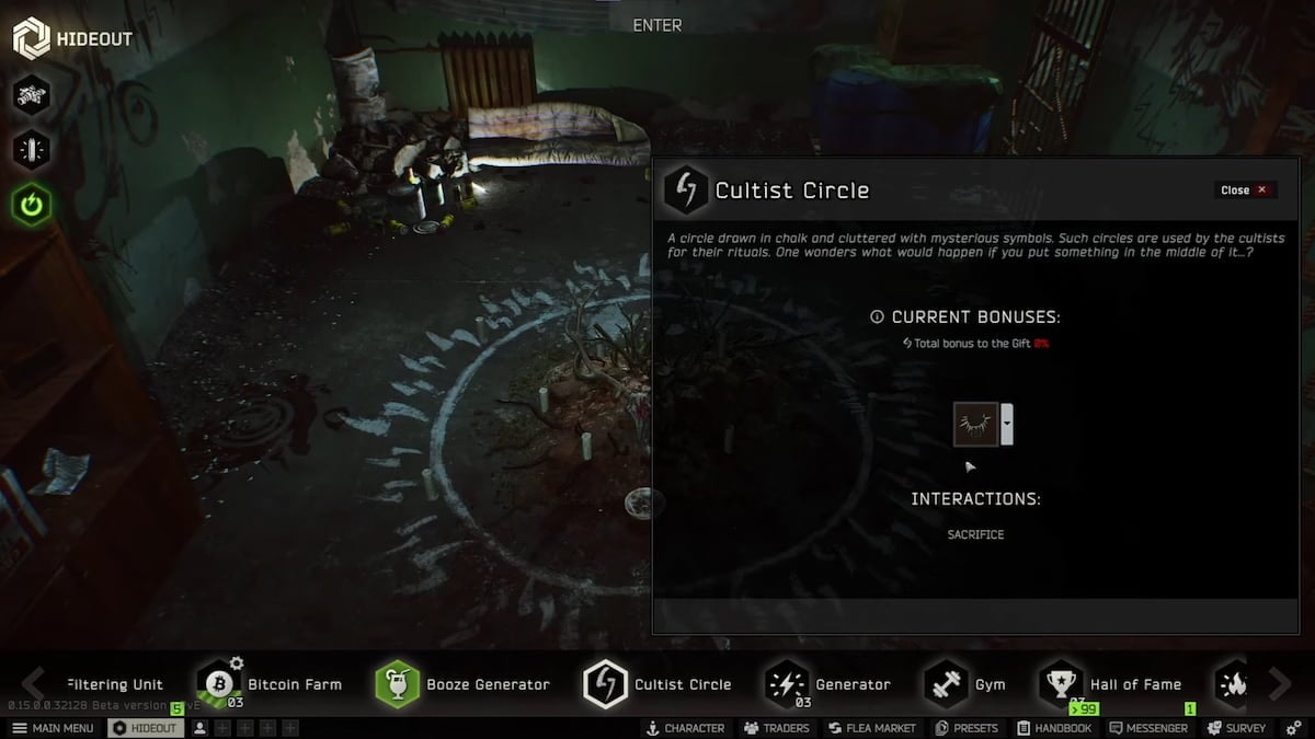 An image of the Cultist Circle menu from Escape from Tarkov. This menu allows you sacrifice up to five items for random rewards.