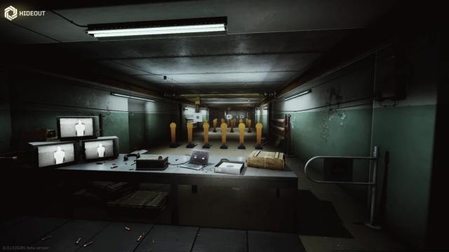 An image of the Hideout from Escape from Tarkov. The hideout is a player base where you can craft and practice firing your weapons in between games.