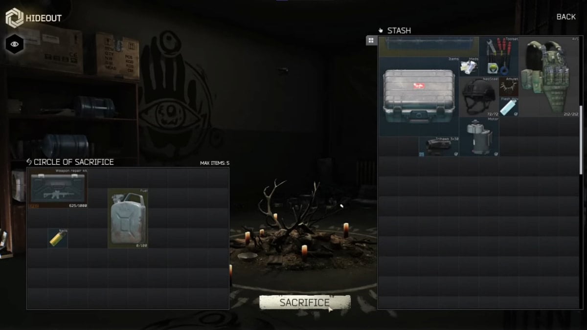 An image of the sacrifice screen from Escape from Tarkov. This allows you to turn in your gear in exchange for other pieces of equipment.