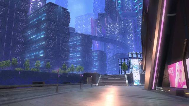 A brightly lit cyberpunk city street. Solution Nine of FFXIV Dawntrail