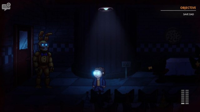 Oswalds eyes glowing blue as Spring Bonnie watches him while standing beside Pirate Cove in Into the Pit secret ending