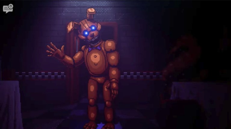 Spring Bonnie waving at the camera with head slightly tilted, standing in dimly lit Employees Only room