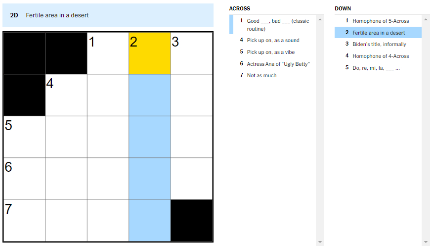 Picture showing the Fertile area in a desert clue in NYT Mini Crossword.