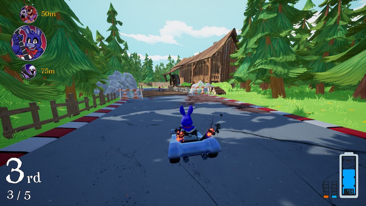 A screenshot from Five Laps at Freddy's of an animatronic in a race cart. This character is in 3rd place, racing on a track with green fields and trees.