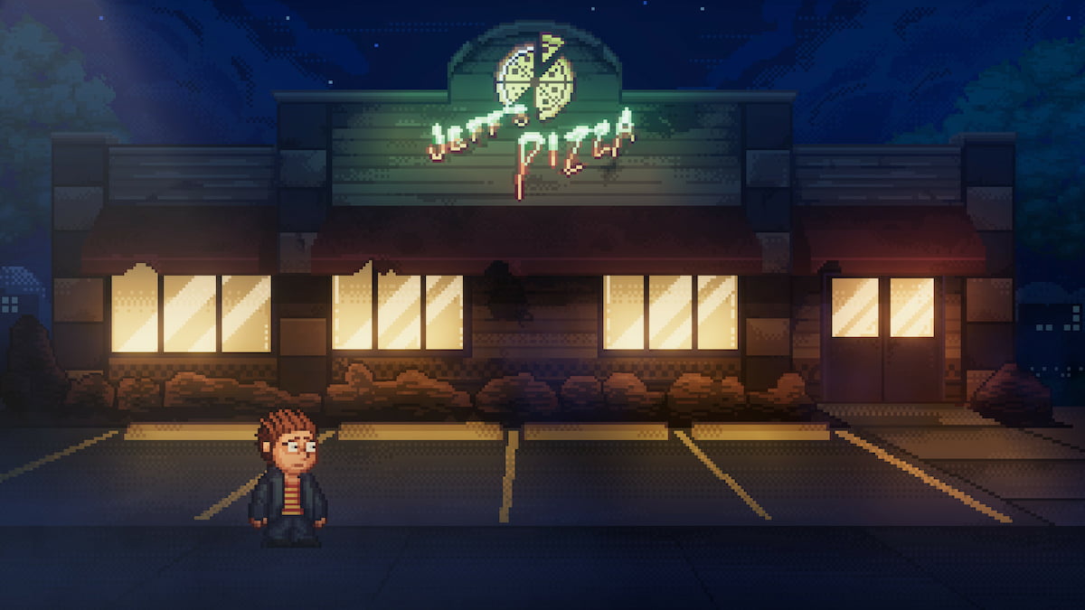 A pixelated character stands in the parking lot of a pizzeria at night time.