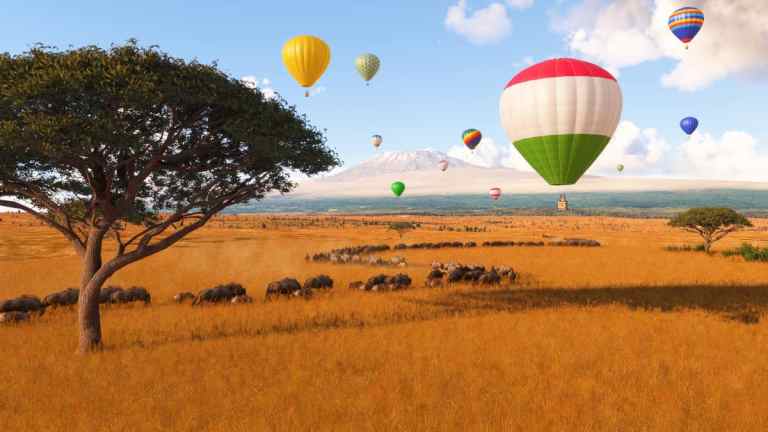 An environment in Flight Simulator 2024 showing hot air balloons floating above a savannah full of animals.