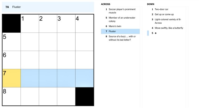 The clue, Fluster, highlighted in blue and yellow on the NYT Mini Crossword puzzle for Aug. 26