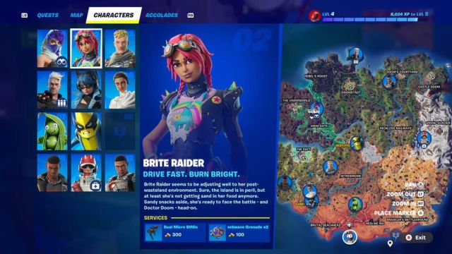 Brite Bomber's location and details shown on the Fortnite map.