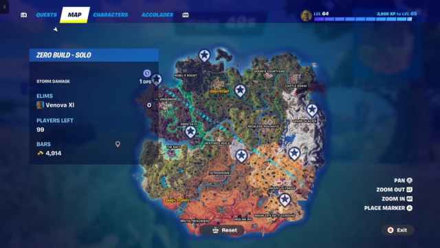 The Fortnite island map with dig sites marked.