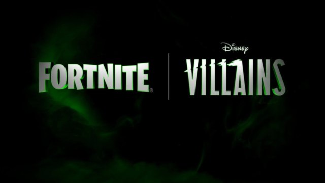 A promo image for Disney Villains coming to Fortnite, with logos shown over a black and green background.