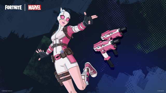 An image showing Gwenpool and pink Mythic Dual SMGs in Fortnite.