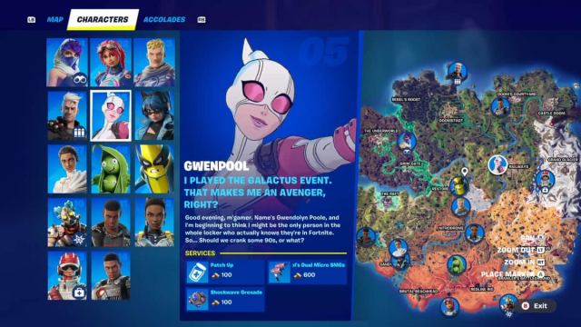 The Fortnite map with the location of Gwenpool marked, showing provided services.