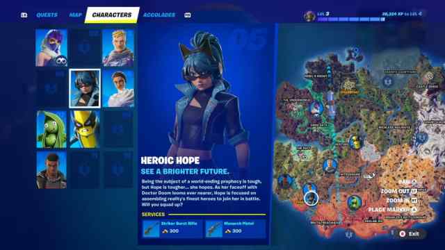 Heroic Hope's location marked on the Fortnite map with provided services.