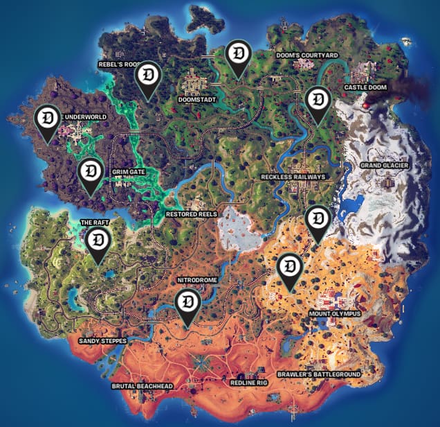 Picture showing all the locations with Mod Bench in Fortnite.