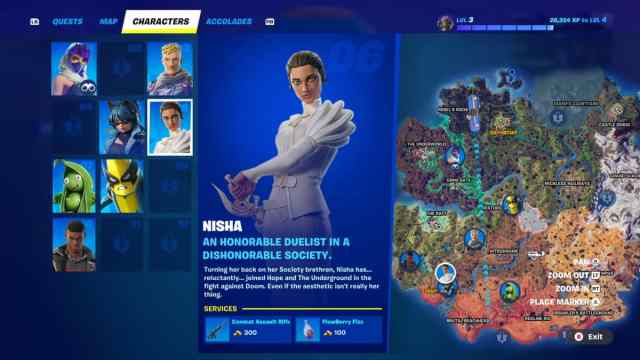 Nisha's location marked on the Fortnite map with provided services.