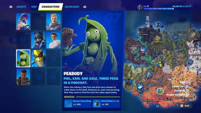 Peabody's location shown on the Fortnite map with services.