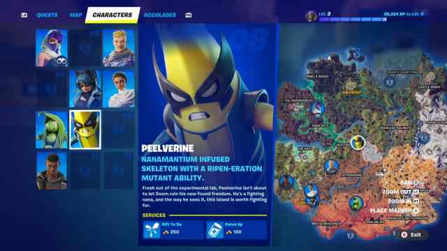 Peelverine's location marked on a Fortnite map with provided services.