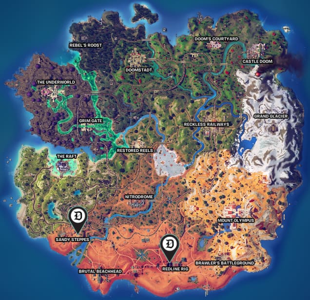 Picture showing the locations for collecting the evidence and dropping it to Hope in Fortnite.