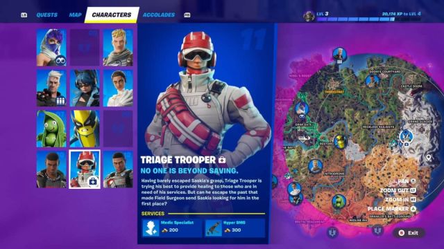 Triage Trooper's location marked on the Fortnite map with provided services.