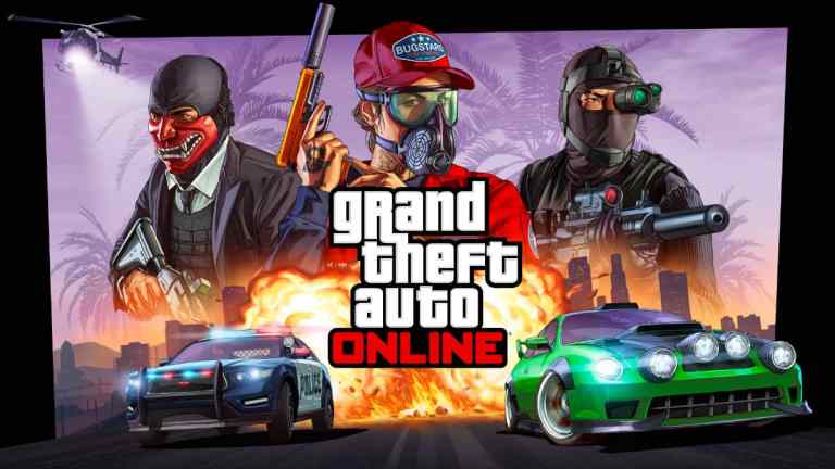 An image of the GTA Online Logo, which features two cars racing past an explosion and three characrers in combat armor wielding guns.