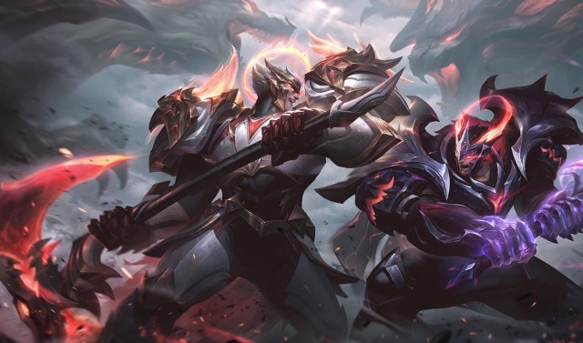 God King Darius and God King Garen battle on a half-destroyed League of Legends battlefield with over-sized swords.