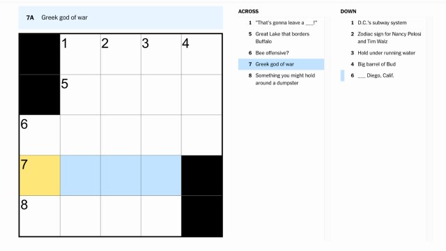 the clue, greek god of war, highlighted in blue and yellow on the Aug. 20 NYT Mini Crossword puzzle