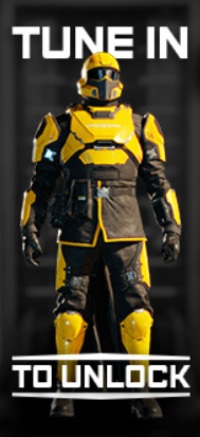 Golden Eagle armor set full body with "tune in to unlock" banner for Escalation of Freedom Steam livestream