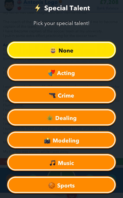 Picture showing different special talents that you can choose in Bitlife.