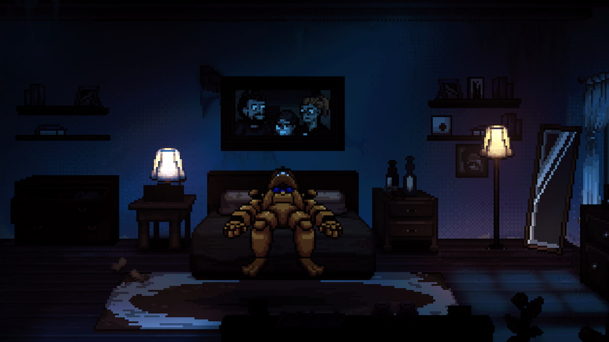 A animatronic lies on a bed in a dark room with two dim lamps on either side.