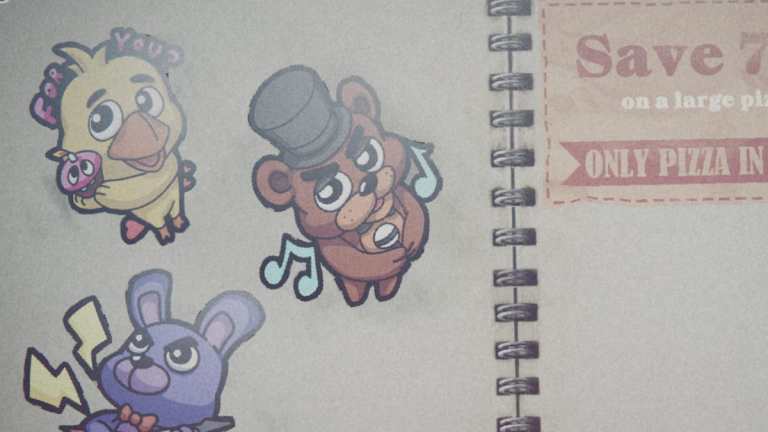 Notebook with three FNAF stickers in Into The Pit.