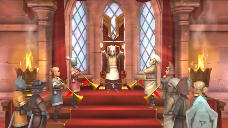 King of the castle standing at his throne, hands in the air, surrounded by trumpet players