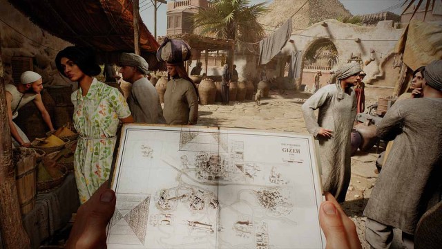 Looking at a map from a first-person perspective in an Egyptian market