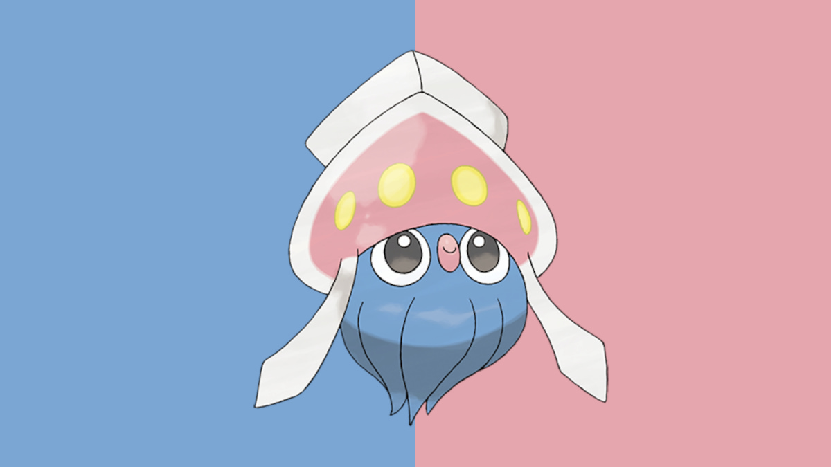 Inkay in Pokémon Go, a blue creature on a blue and pink background.