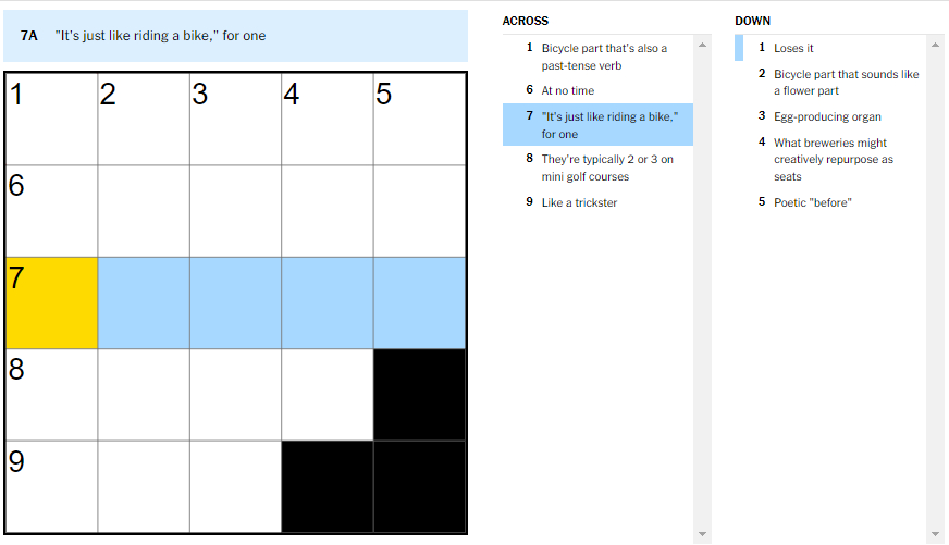 Picture showing the It's just like riding a bike, for one clue in NYT Mini Crossword.