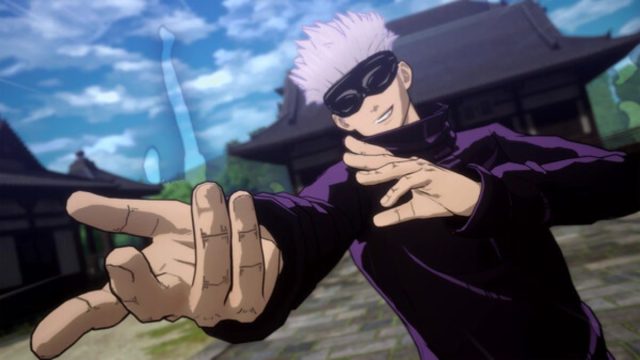 Gojo pointing towards the camera, at his opponent with temple in the background in Jujutsu Kaisen: Cursed Clash