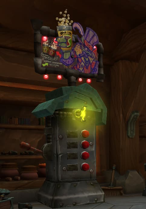 Old Silver machine with red buttons and pull handle with Goblin sign atop drinking cola and small bulbs lit up around him in WoW The War Within