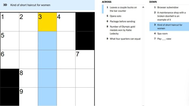 clue for nyt mini crossword kind of short haircut for women clue