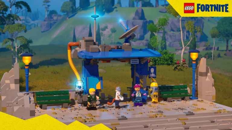 Characters in LEGO Fortnite stood alongside a Bus Station.