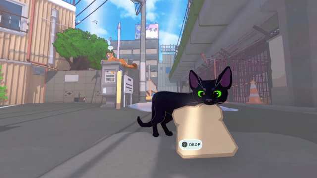 An image of the black cat from LIttle Kitty Big City holding a piece of bread in his mouth while chilling on a street corner.