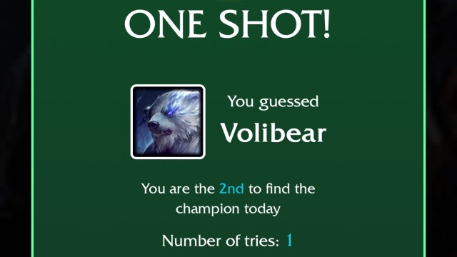 The LoLdle quote challenge for Aug. 19 with the one-shot success message with an icon of Volibear.