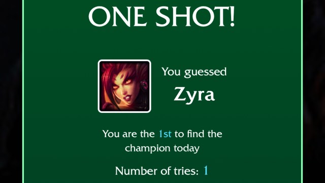 The LoLdle quote answer success message for Zyra and her splash art icon.