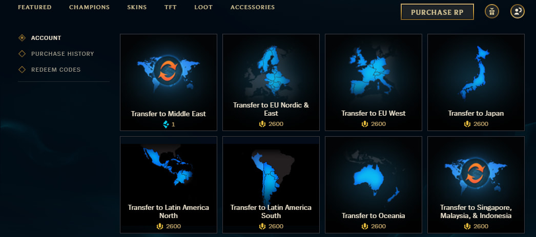 The account transfer page in the LoL client store.