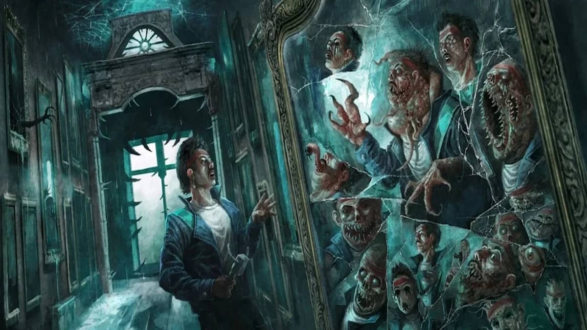 Man walking through haunted house with mirror showing a variety of horrors through MTG Duskmourn set