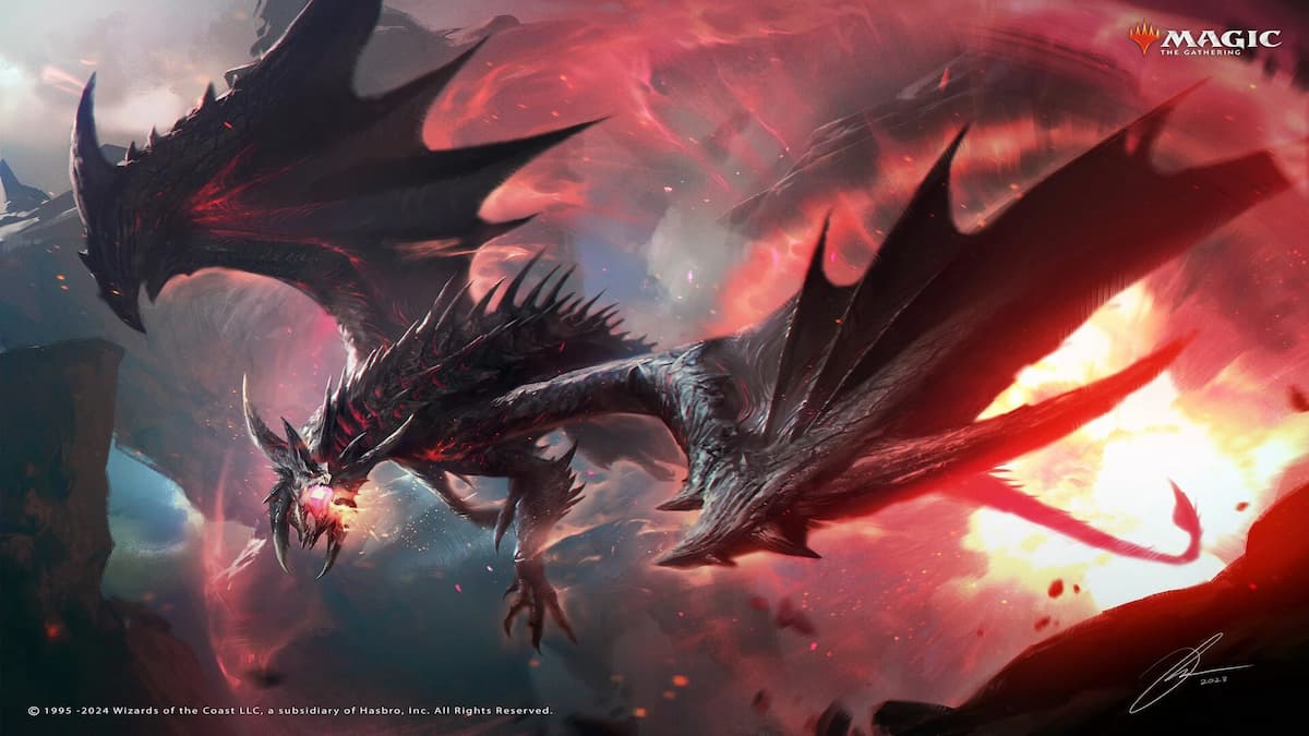 Black and red dragon flying high in air breathing fire in MTG