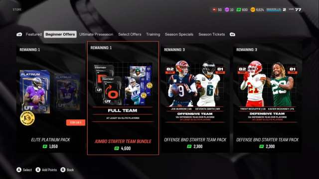 A selection of packs in Madden 25 Ultimate Team available for Points.