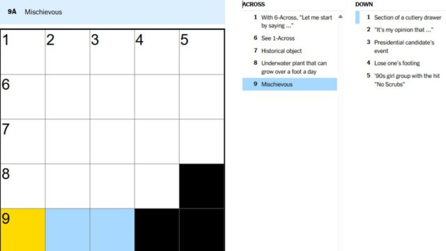 mischievous clue in nyt times mini crossword for aug. 15