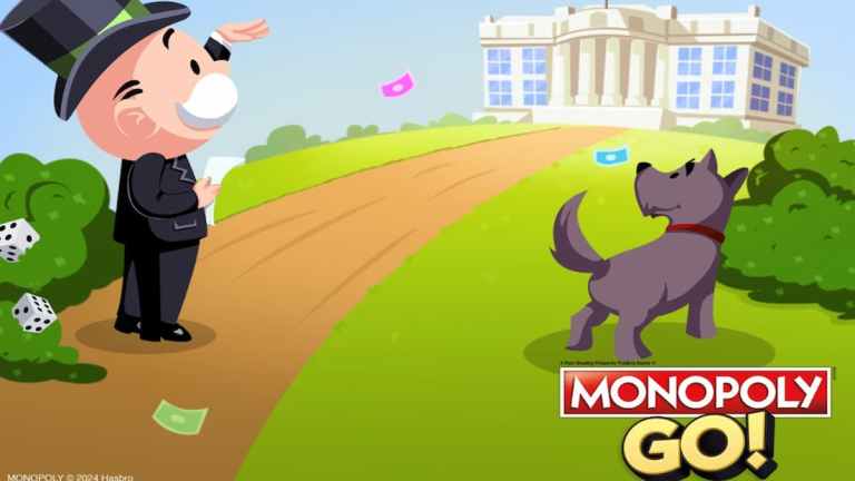 Mr. Monopoly and dog Scottie outside White House with Dice and Cash from Monopoly GO