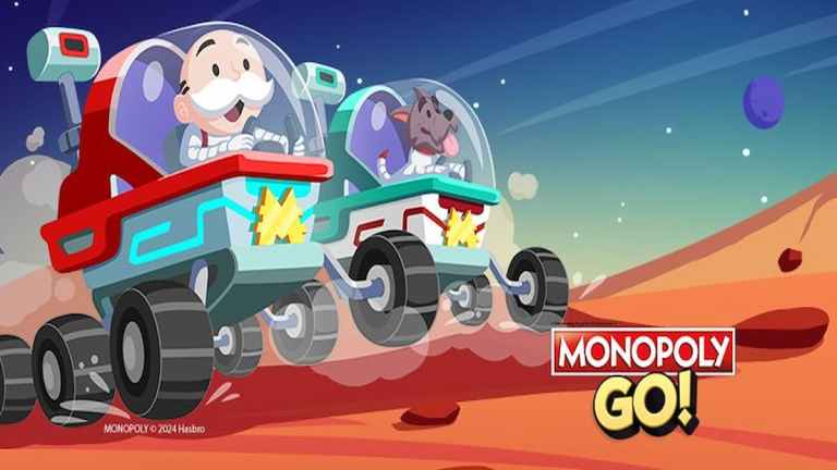 Mr. M and dog Scottie in space ship cards on Mars racing in Monopoly GO