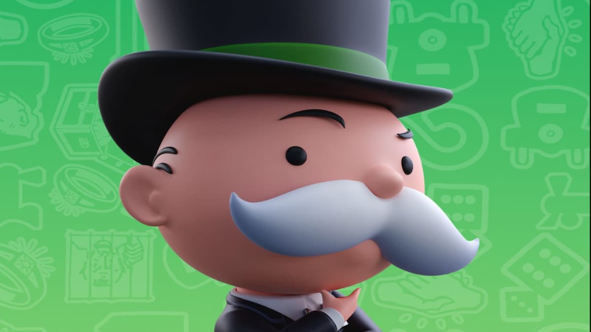 Mr. M as tycoon in Monopoly GO with top hat on that has green stripe and fingers by chin with arms crossed