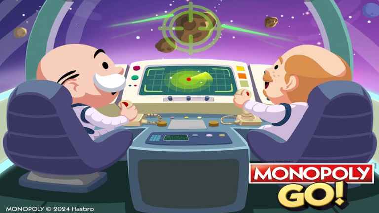 Mr. M and scientist in Monopoly GO spaceship rocket